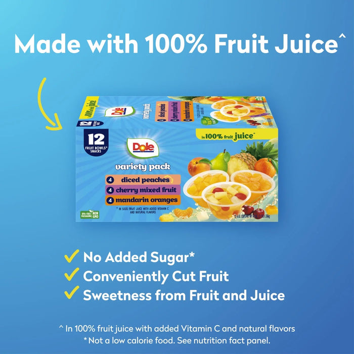 Dole Fruit Bowls Peaches, Mandarin Oranges, Cherry Mixed Fruit in 100% Fruit Juice